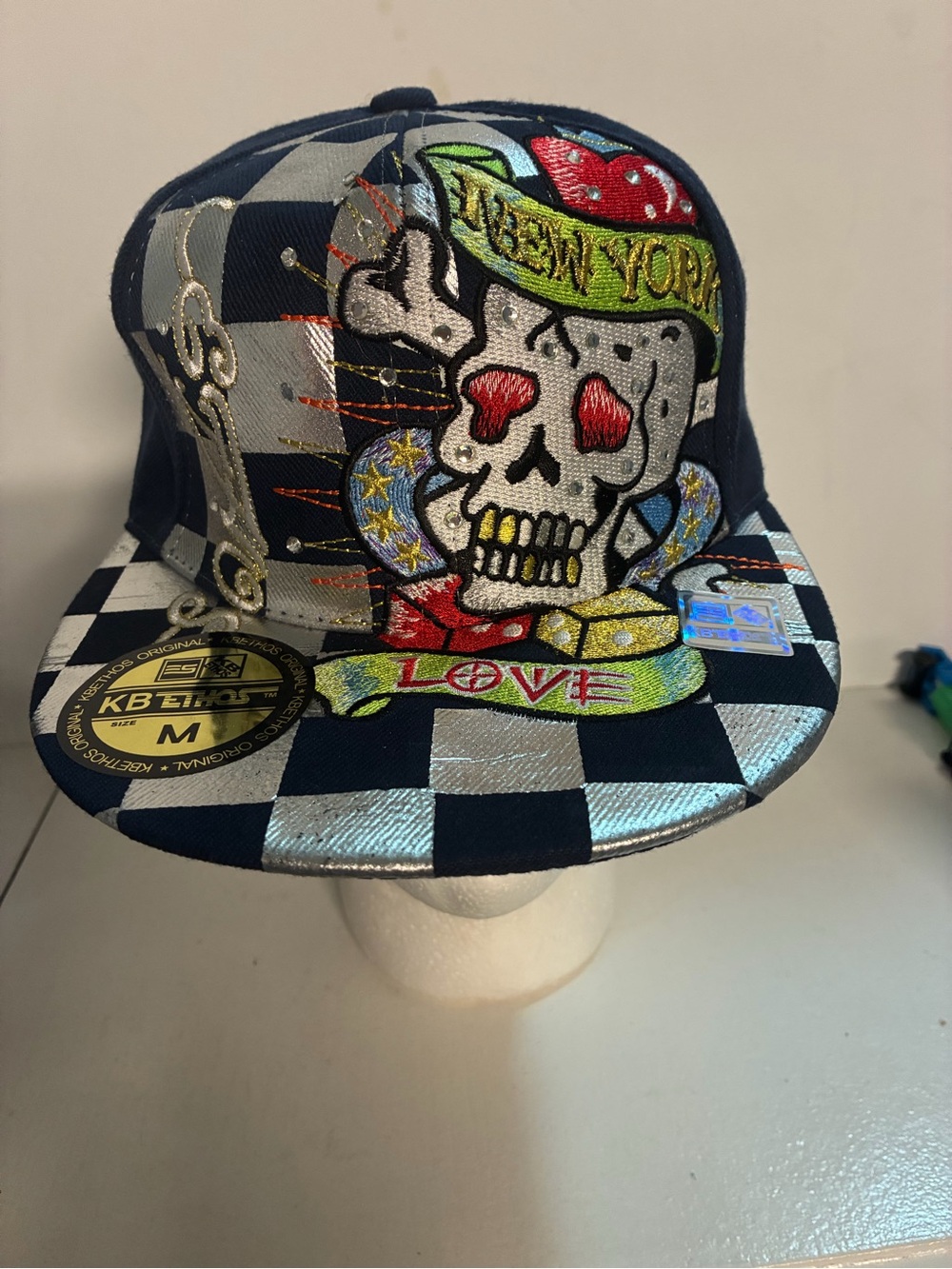 KBETHOS Navy and Silver Checker Snapback Hat with Colorful Skull Patch